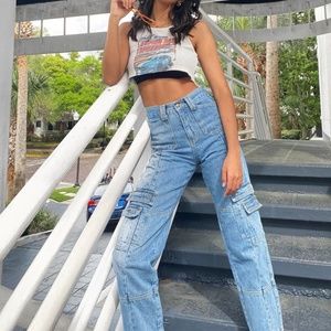 Lioness Stacey Lightwash Cargo Jeans